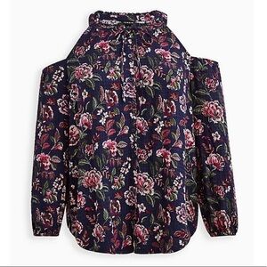 COLD SHOULDER BLOUSE - CRINKLE GAUZE FLORAL NAVY in plus size